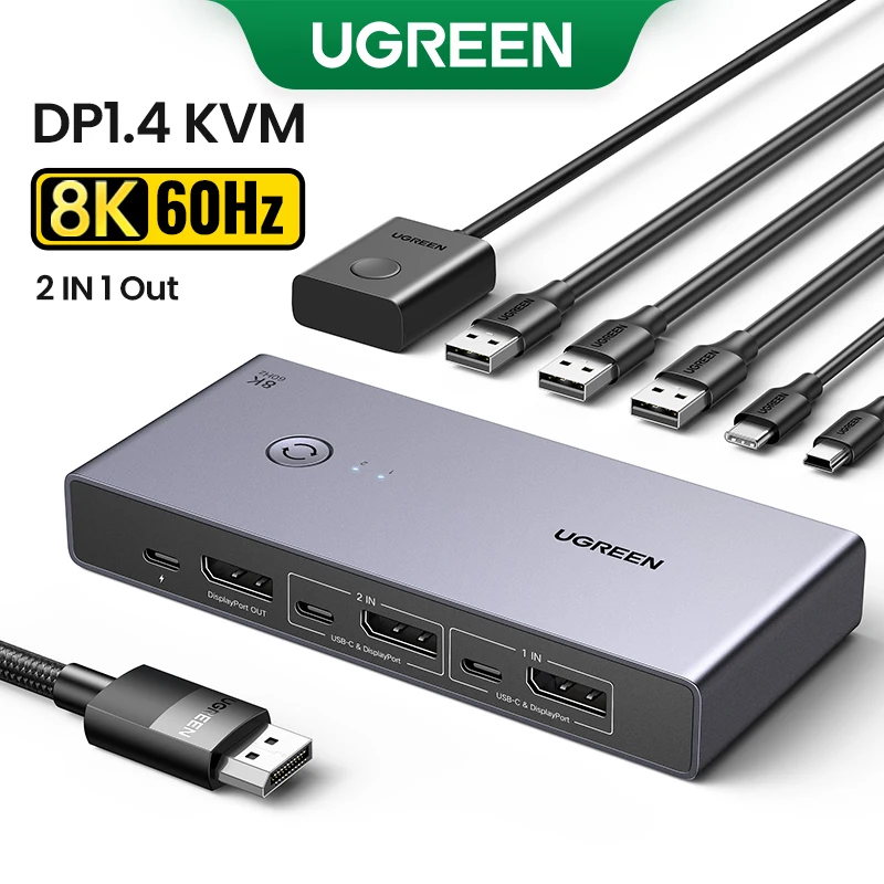 

UGREEN DisplayPort 1,4-переключатель 8K, 60 Гц, DP-переключатель, 2 шт., монитор для совместного использования, клавиатура, мышь, принтер для офисных игр