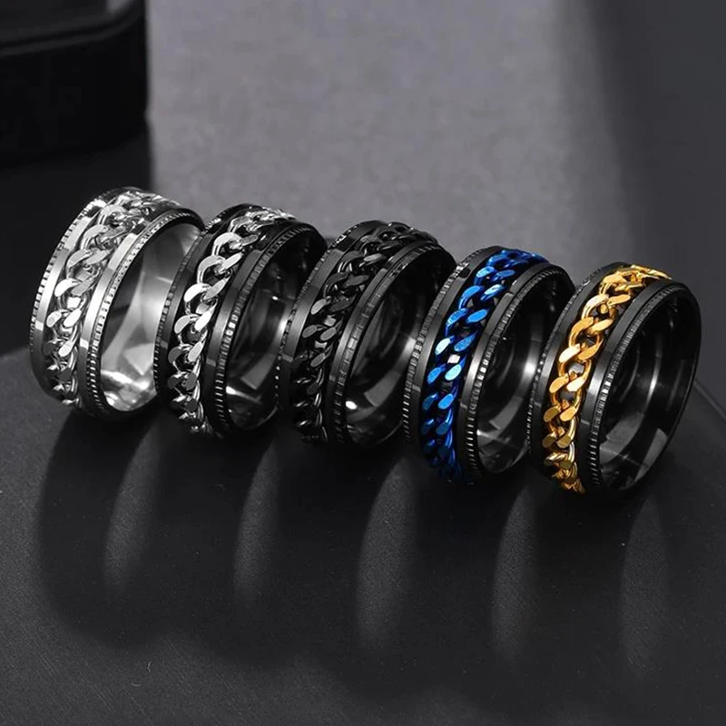 Fashion Cool Stainless Steel Rotatable Men Ring High Quality Spinner Chain Punk Women Charm Jewelry for Party Gift