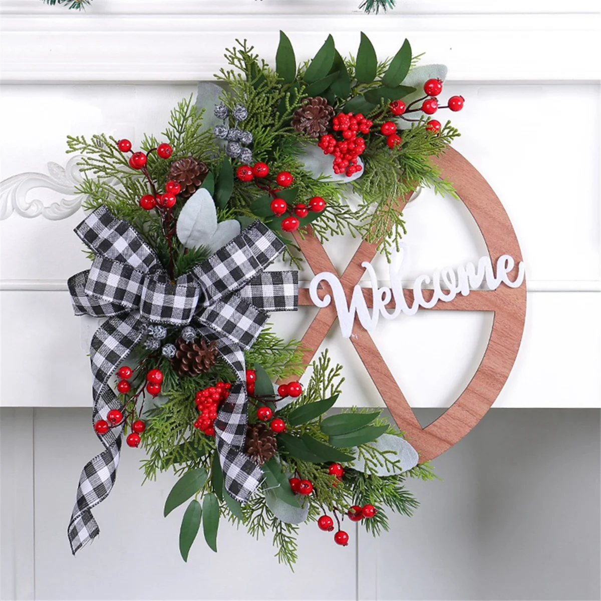 Winter Wreath-Farmhouse Wagon-Wheel Christmas Wreath for Front Door Porch Outside Vintage Wall Decor Wagon-Wheels Wreath