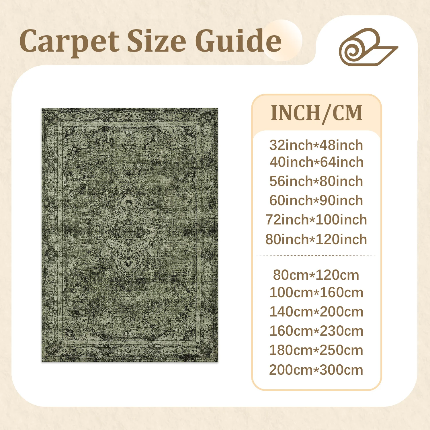 Large Indoor Area Rug, Soft Velvet Low Pile, Non-Slip Dotted Backing, Machine Washable, Vintage Distressed Oriental Medallion Muted Olive Rug for Living Room Bedroom