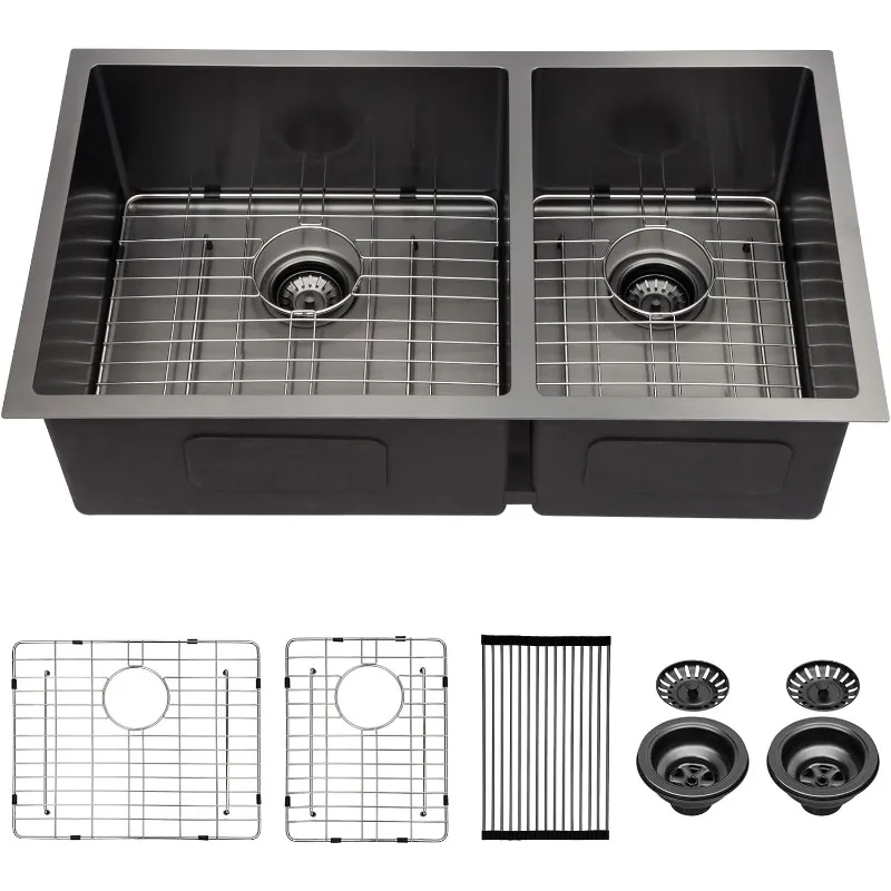 

Black Kitchen Sink - 33" x 19" Gunmetal Black Double Bowl Kitchen Sink 16 Gauge Stainless Steel Sink Undermount Double Basin