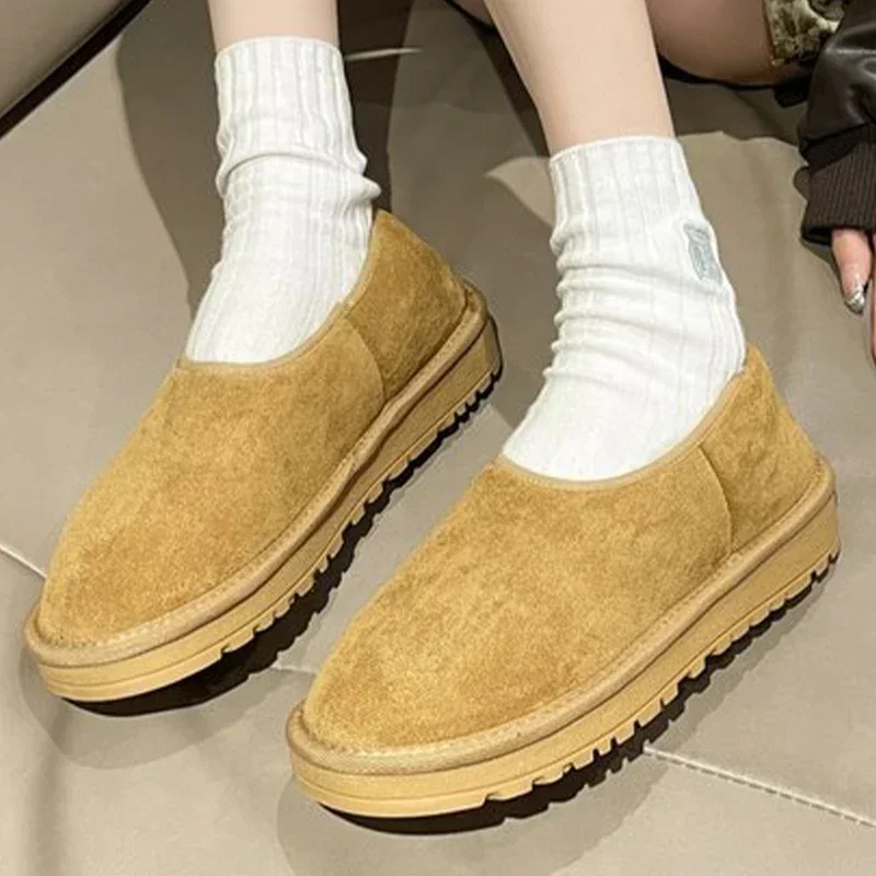 Women Fur Flats Platform Warm Snow Boots Suede Cozy New Femme Loafer Shoes 2024 Winter Short Plush Designer Botines Para Mujeres