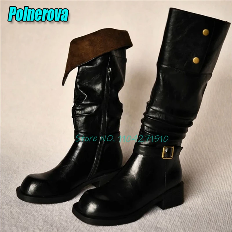 Retro Pleated Thick Heel Western Cowboy Boots Round Toe Belt Buckle Zipper Knight Boots Autumn Winter Women's Knee High Boots