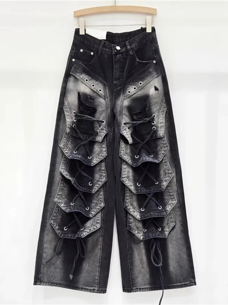 Spring Autumn Punk Street Personality Lace-up Ripped Jeans Fashion Girll Versatile Age Reduction Fashion Wide Leg Straight Pants