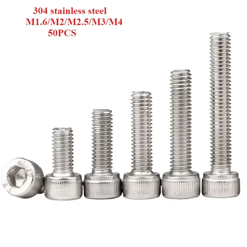 M1.4 M1.6 M2 M2.5 M3 M4 Hex Socket Bolt 304 Stainless Steel Full Tooth Cup Head Hexagon Allon Long Machine Screw Length 3-100mm