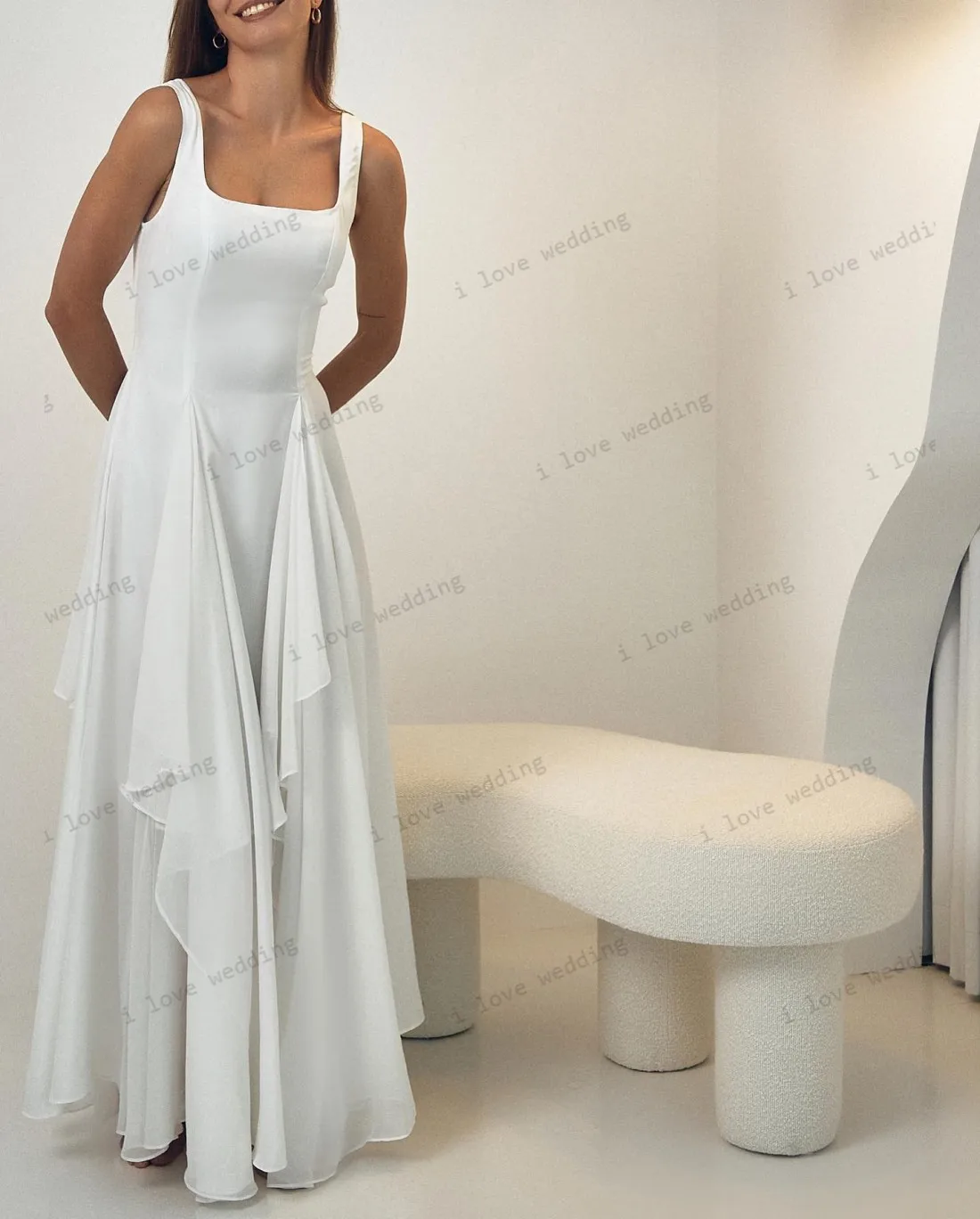 Suknie wieczorowe 2025 biała szyfonowa sukienka na imprezę z falbankami bez rękawów formalna do kostek linia A elegancki kwadratowy kołnierzyk dostosowane