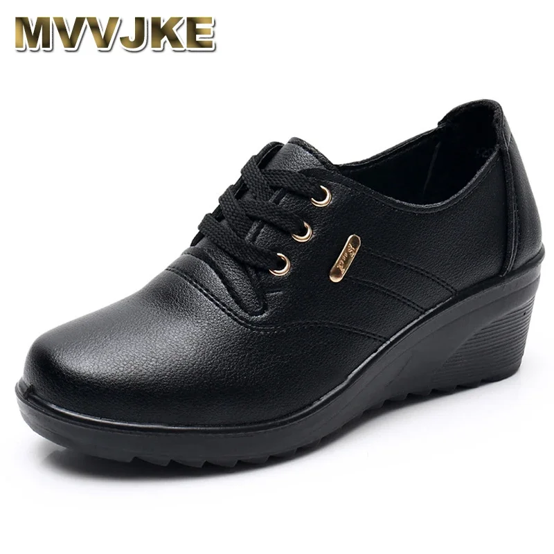 MVVJKE  Spring And Autumn Comfortable Non-slip Lace-up Women's Single Shoes Large Size Mother Shoes Ladies Mid-heel Leather Pump