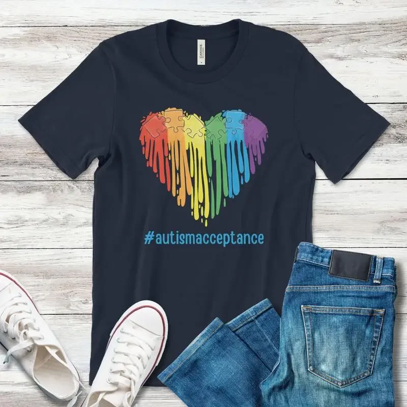 Autism Acceptance T Shirt Colorful Puzzle Heart Rainbow Drip Awareness Support