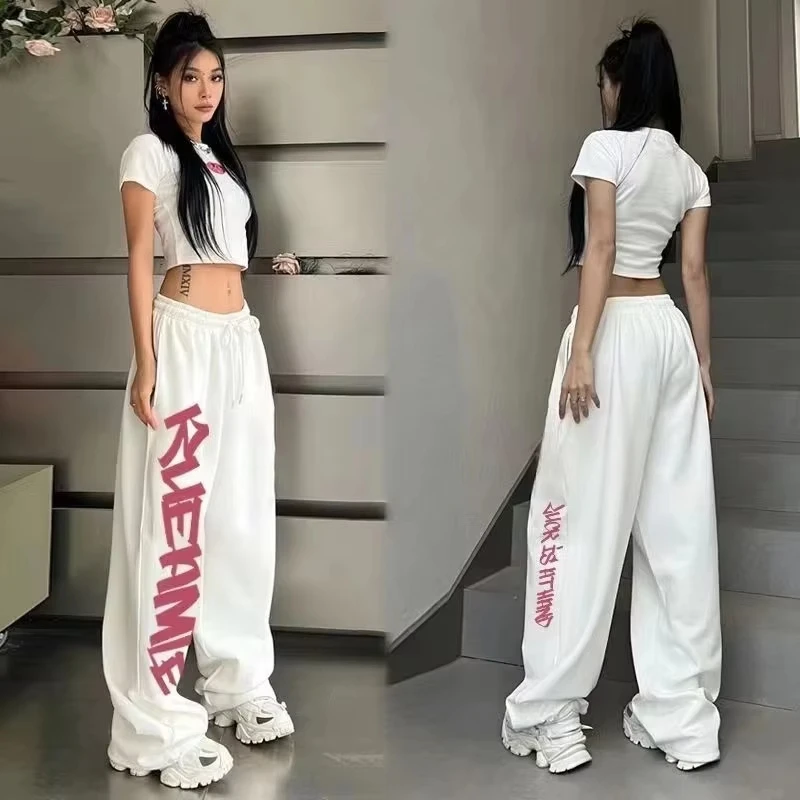 Unisex Straight‑Leg Pants 3D Vertical Graffiti Letter Print Quick Dry Trousers Elastic Waist Drawstring Y2K Hip‑Hop Long Pants