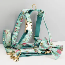 Personalized Dog Collar Harness Leash Set Custom Dog Collars Luxury Flower Soft Cotton Dog Collar Leashes Harness Bow flower08