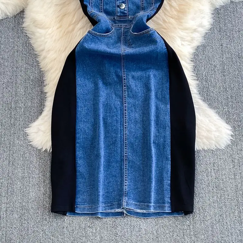 Korean Style Socialite Elegant Short Sleeve Round Neck Slimming Denim Patchwork A- line Casual T-shirt Dress