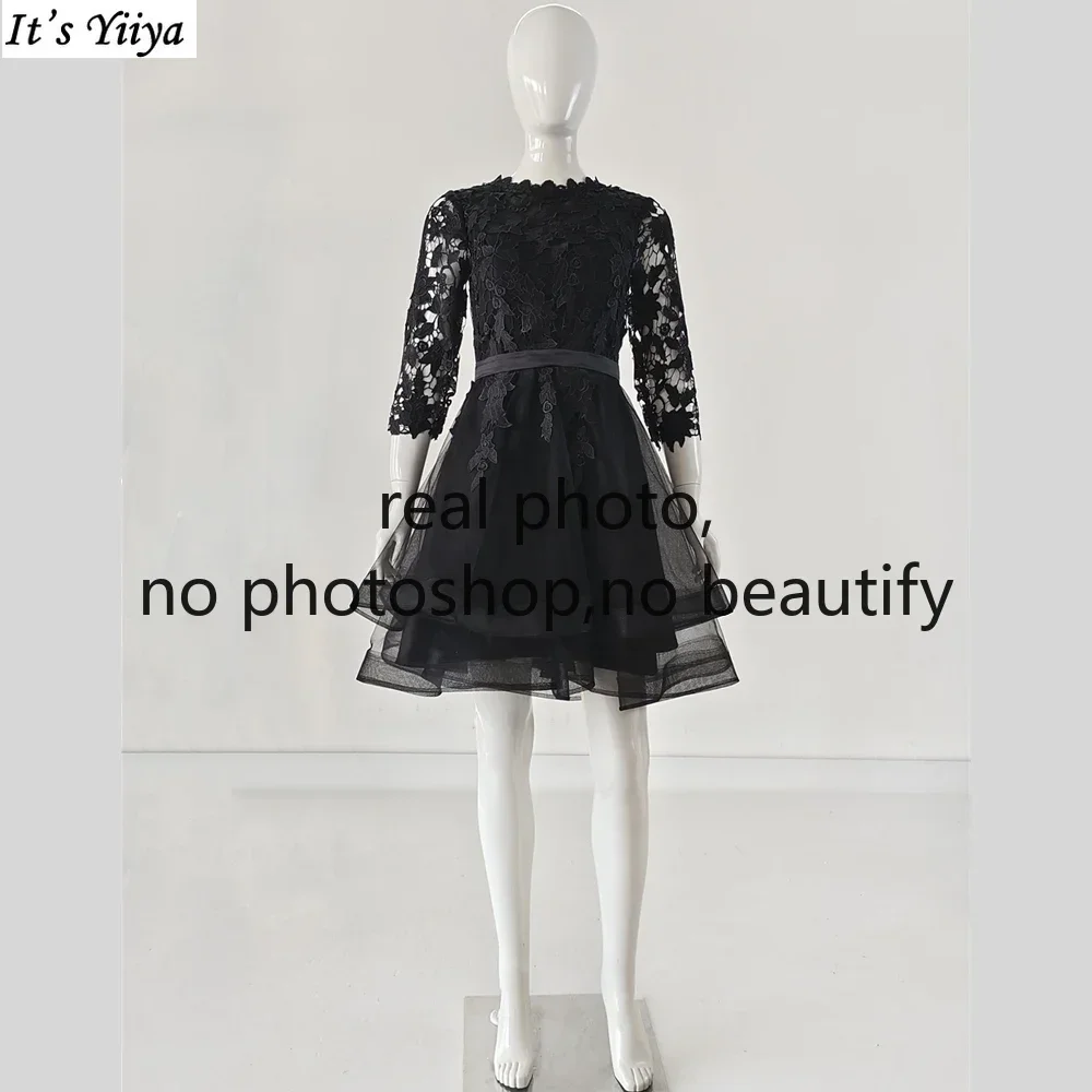 

It's Yiiya Prom Gown Real Photo Black Lace O-neck 3/4 Sleeves Zipper Back Above Knee Ruched Women Party Formal Dress Plus size