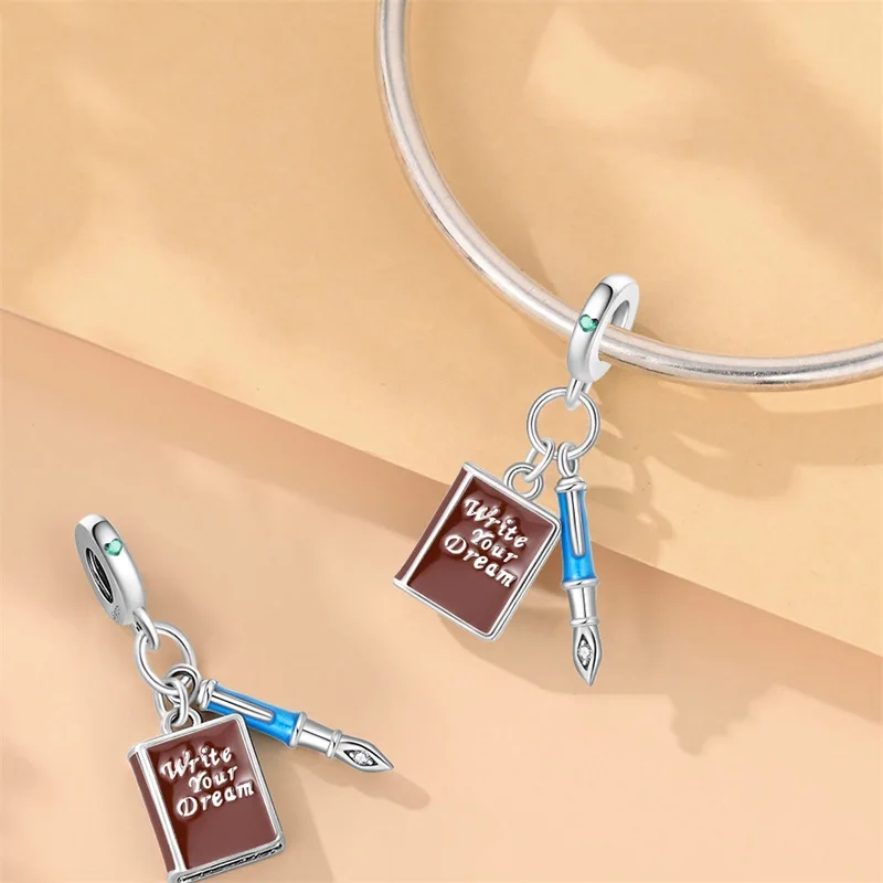 Trendy S925 Sterling Silver Charm Beads CZ Zircon Notebook Pen Backpack Dangle Fit Original Bracelet DIY Women Fine Jewelry Gift