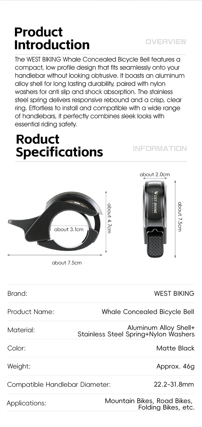 WEST BIKING Whale Versteckte Fahrradklingel aus Aluminiumlegierung, Fahrradhorn mit klarem, lautem Ton, 22,2-31,8 mm Lenkerklingel zur Sicherheitswarnung – Detail 2