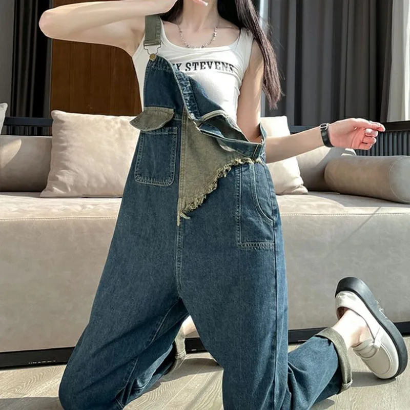 Salopette di jeans da lavoro retrò da donna, tute di jeans larghe a vita alta di nuova moda primavera estate femminile, pantaloni casual a gamba larga