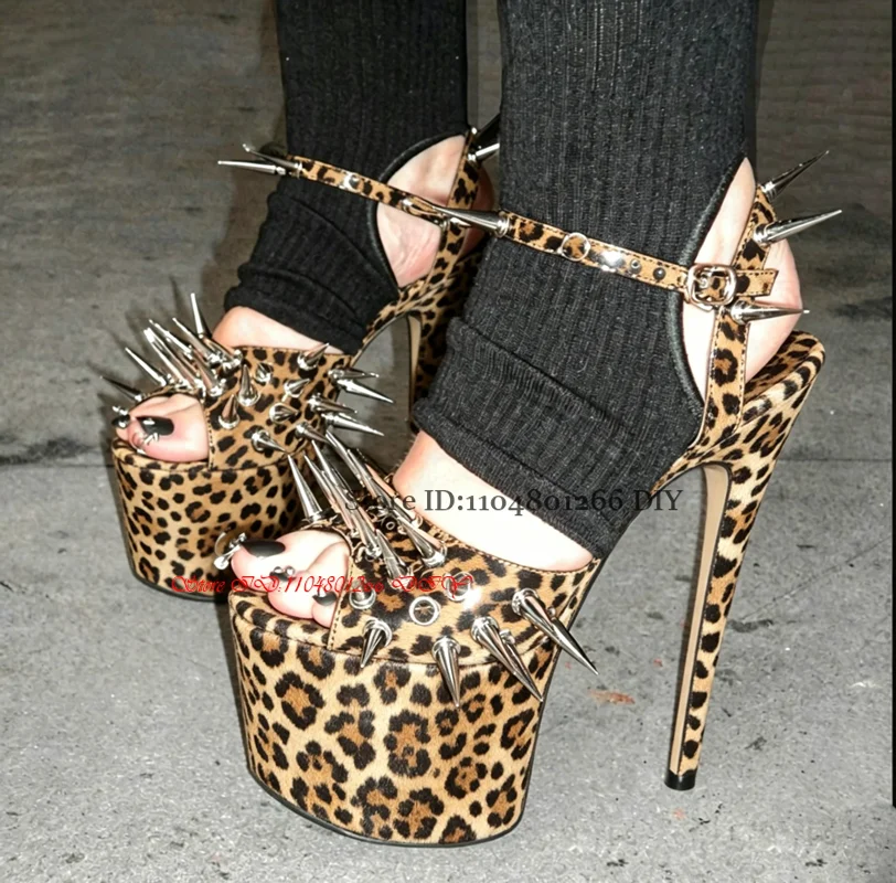 

Sexy Leopard Printed Spiked Stiletto Platform Sandals Long Rivets Ankle Buckle Straps Thin High Heels Women Punk Shoes Summer