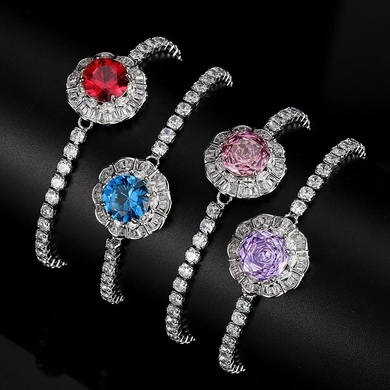 

Adjustable Colorful Round Stone Flower Style Bracelet with Sparkling Zircons Elegant Jewelry for Women Pink for Party Daily Wear