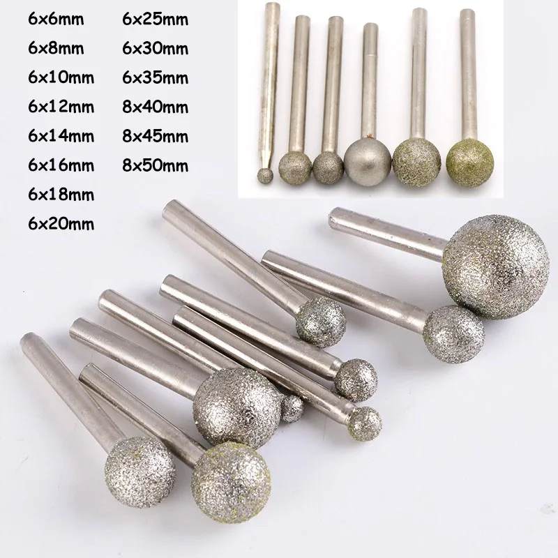 6-50mm Electroplated Diamond Ball Head 6/8mm Shank Coarse Fine Grit Grinding Polishing Engraving Bit for Dremel Rotary Tools
