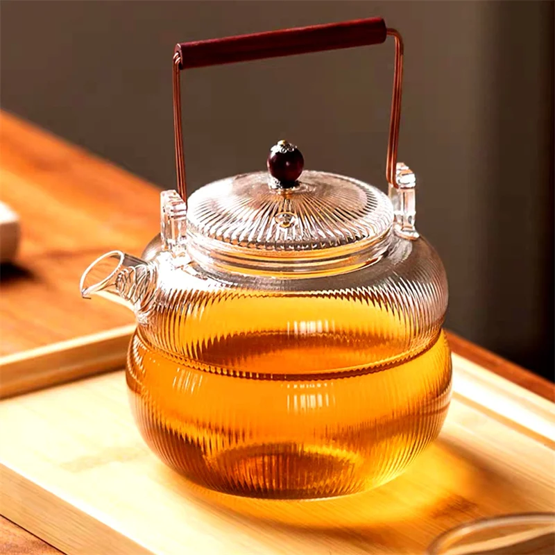 Gourd Vertical Striped Heat Resistant Glass Teapot with Filter Copper Beam Handle Cooking Oolong Puer Tea Pot Kung Fu Tea Set