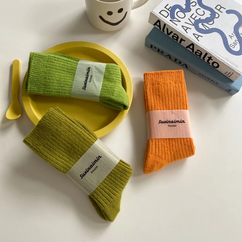 1쌍 여성용 면 루즈 양말 가을 겨울 니트 단색 롱 블랙 핑크 한국 일본 학생 소녀 스타킹 레트로