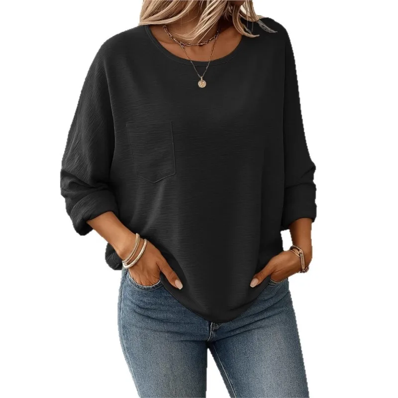 Femmes à manches longues Blouses amples et chemises 2025 automne hiver décontracté basique col rond épissure poche t-shirts hauts femme vêtements