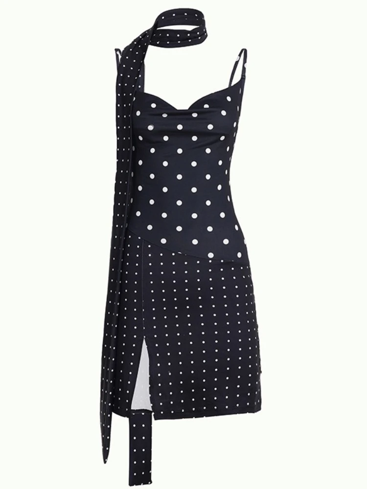 SsTss 新しいセクシーな黒と白の水玉模様のプリントスリングドレス女性のためのファッションネクタイノースリーブスリムスリットシックなナイトパーティードレス