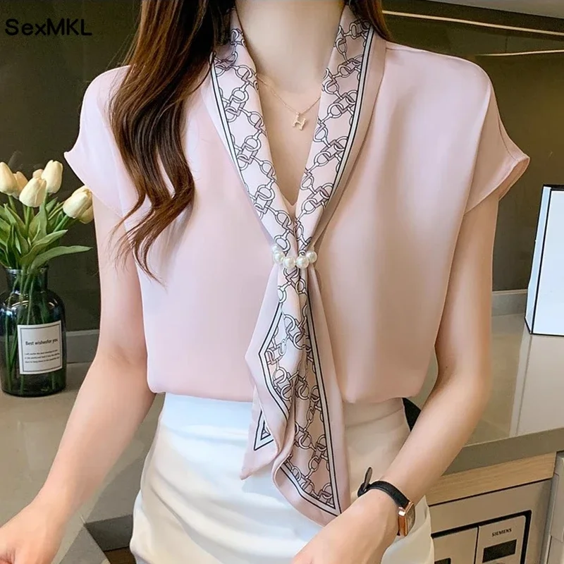 Summer Blusas Women 2024 Simple Office Lady Chiffon Blouse Female Shirt Lace-Up Tops Casual Korean OL Style Loose Pink Blouses