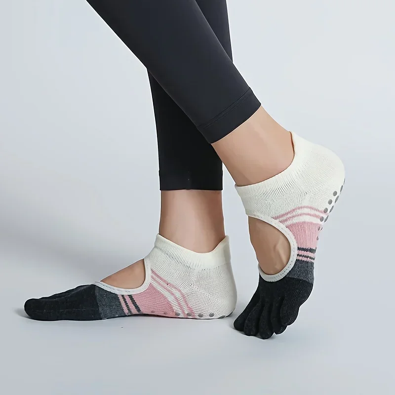 A Pair of Women's Hollowed Out Backless Yoga Socks Non Slip Adhesive Five Toe Fitness Dance Socks