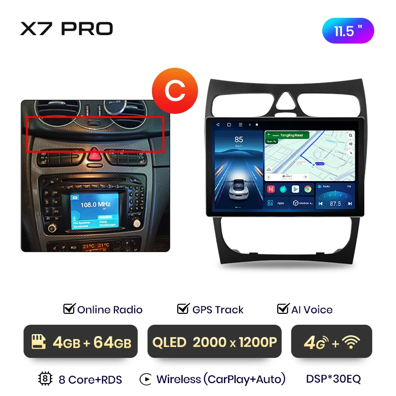 Junsun 11.5 inch QLED Android Draadloze CarPlay Auto Radio Voor Mercedes Benz C-Klasse CLK Klasse S203 W203 W209 A209 2000-2005