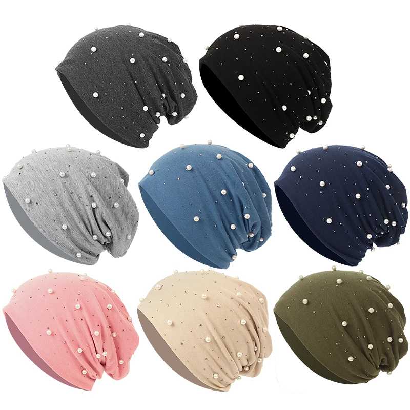 Women Pearl Rhinestones Beanie Headgear Solid Soft Autumn Winter Cap For Female Bonnet Fashion Knitted Autumn Outdoor Beanie