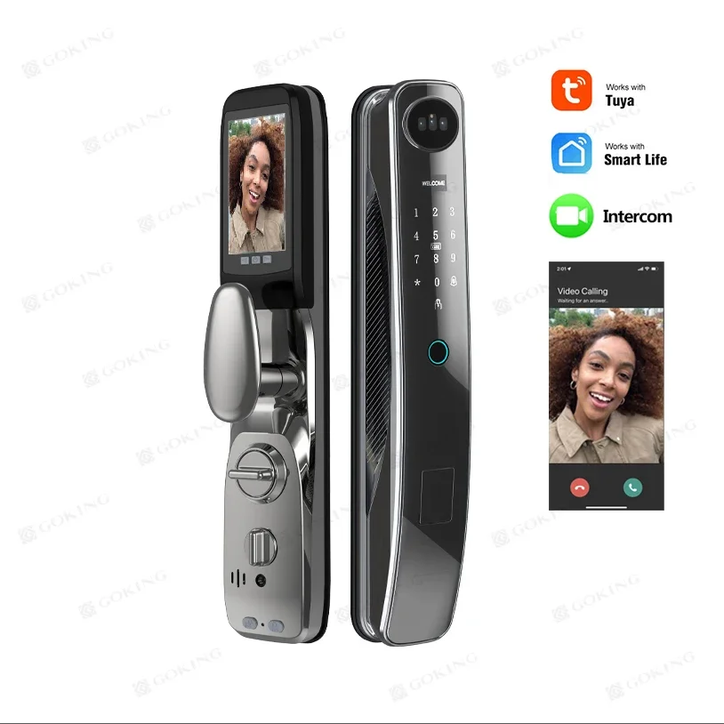 005Goking 3d face detection recognition door lock smart video call intercom tuya app wood door lock for homes with camera