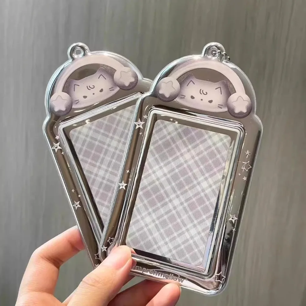 Cute 3 Inch Photocard Holder Transparent PVC Photo Card Spring Keychain Rock Kitten Idol Photo Protective Case Kpop Photo Frames