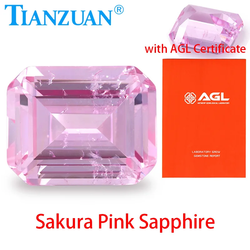 

Прямоугольная форма, выращенный в лаборатории сапфир Сакура, розовый цвет, изумрудная огранка, синтетические корундовые включения внутри с сертификатом AGL