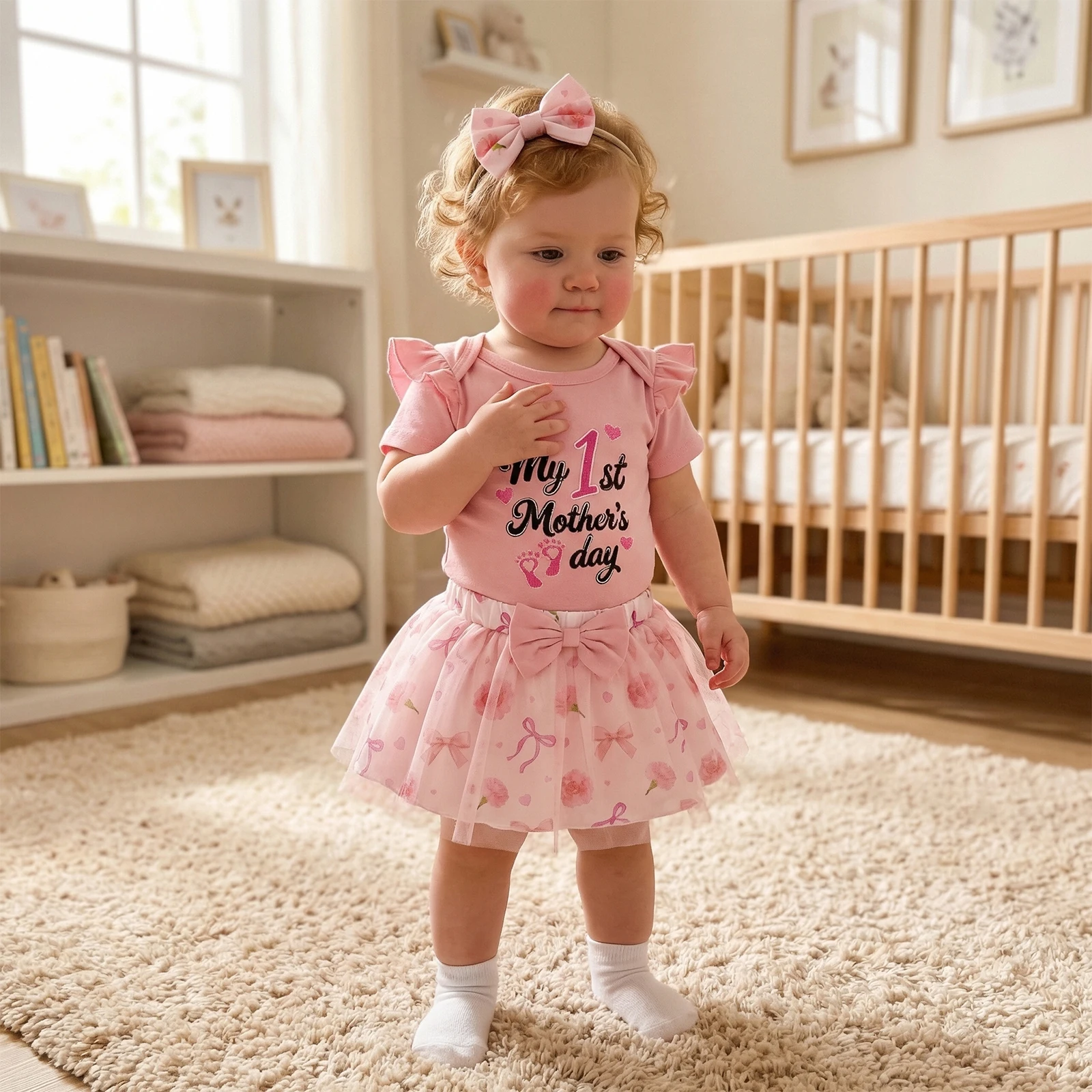 Baby Girl Summer First Mother's Day Outfit Short Sleeve Romper  Bow Floral Print Tulle Skirt  Headband Set Newborn Baby Clothes