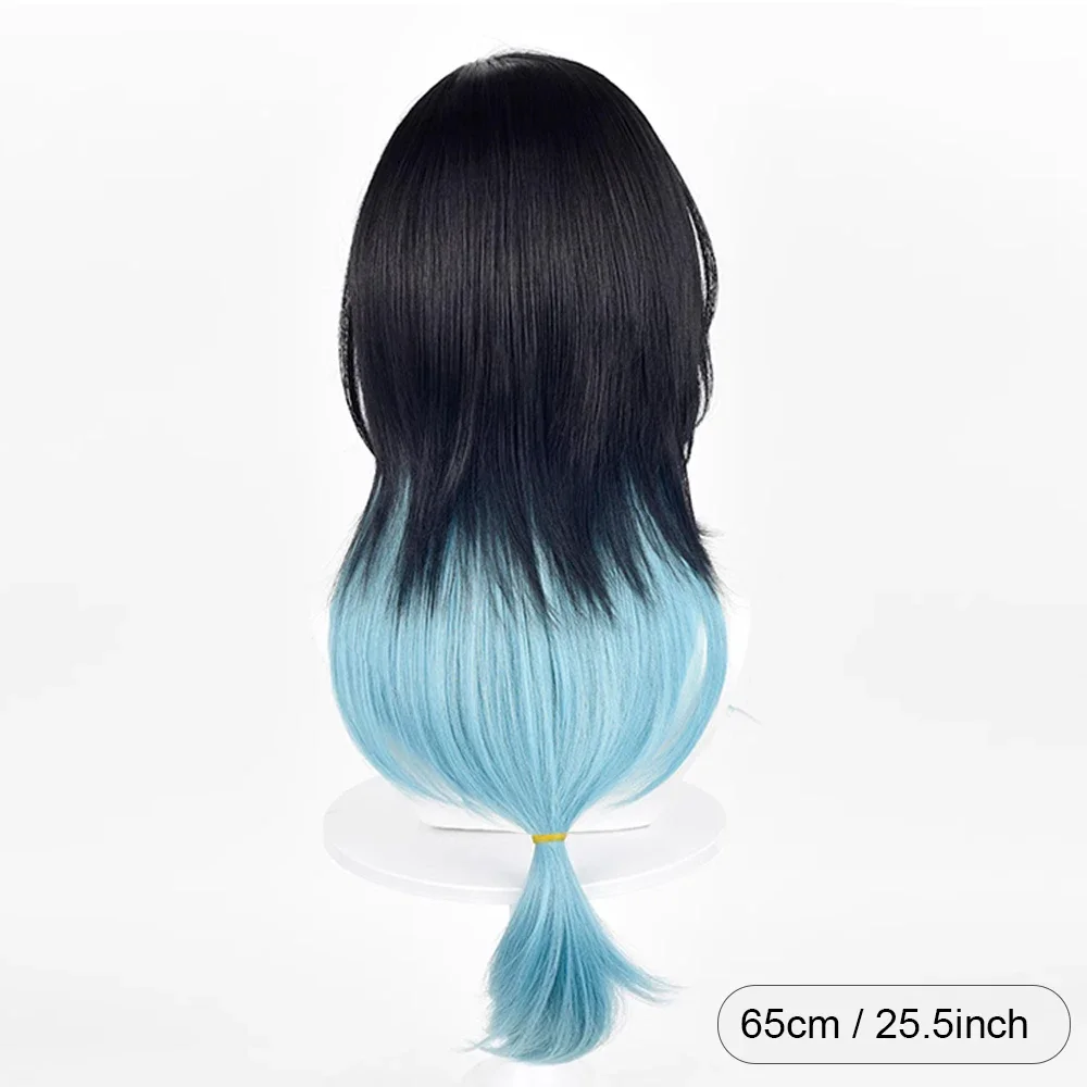 Anime Game Cosplay Synthetic Long Straight Black Ombre Blue Wig with Bangs Women and Men Fluffy Wig for Daily Party