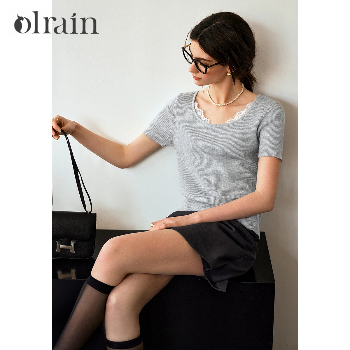 OLrain Women Short Sleeve Pullovers 2026 Summer Lace Splicing Round Neck Knitted Tops Commuting T-shirts for Ladies O57XZ96809