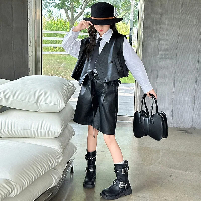 Girls Suit 2024 Autumn New Childrens Wear Korean Style Foreign Style Leather Vest Leather Shorts Two-piece Casual Simple Daily image 3