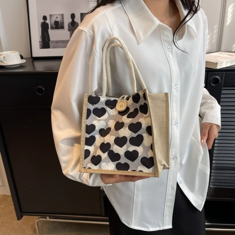 

Portable Zipper Flower Linen Bag Large Capacity Button Love Heart Tote Bag Lunch Bag Gift Bag Linen Handbag Women