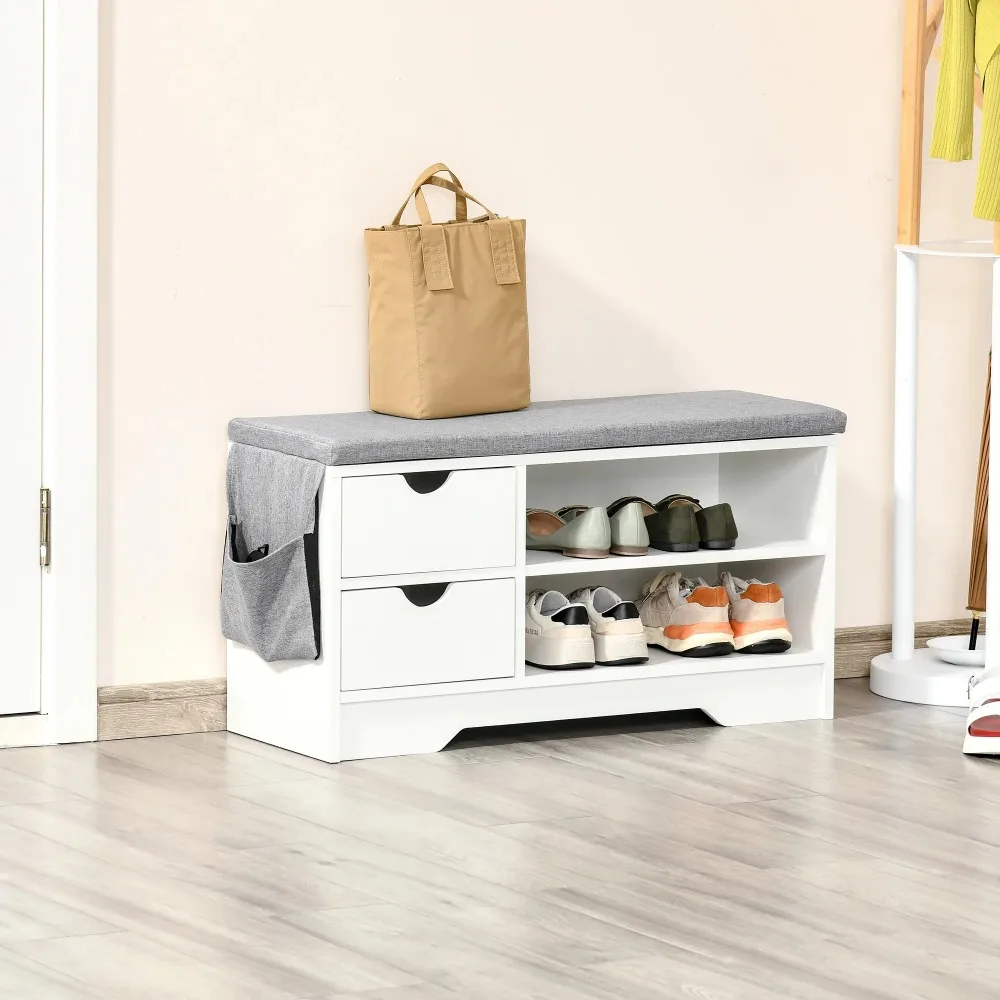 Bench shoe rack with 2 shelves, detachable buffer bags and 2 drawers for 4 pairs of shoes