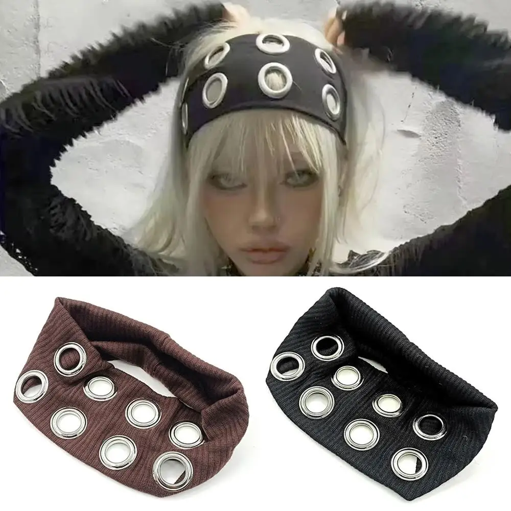 

Punk Girl Hollowed Out Eyelets Wide Elastic Headband Ins Stretchy Metal Rock Steampunk For Sports Headbands Hair Accessories