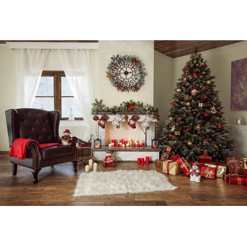 Fondo de fotografía con escena de Navidad para sala de estar, alfombra con sillas, árbol de Navidad, chimenea, Cajas de Regalo, decoración de fiesta