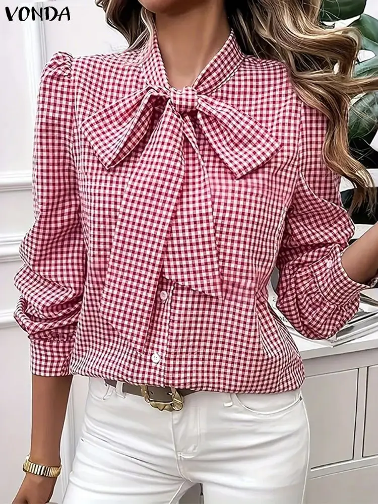 

Plus Size 5XL VONDA Women Elegant Plaid Shirts Autumn Long Sleeve Blouse 2025 Bow Collar Fashion Tops Puff Sleeve Office Blusas