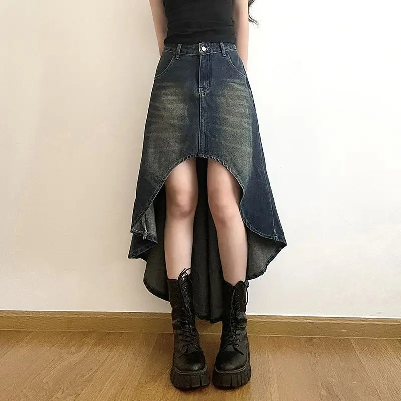 Denim Skirt  Asymmetrical High Waist Basic Women Clothing Sexy Blue A-Line Skirts Lift Hips Show Thin Retro Large Size Skirts