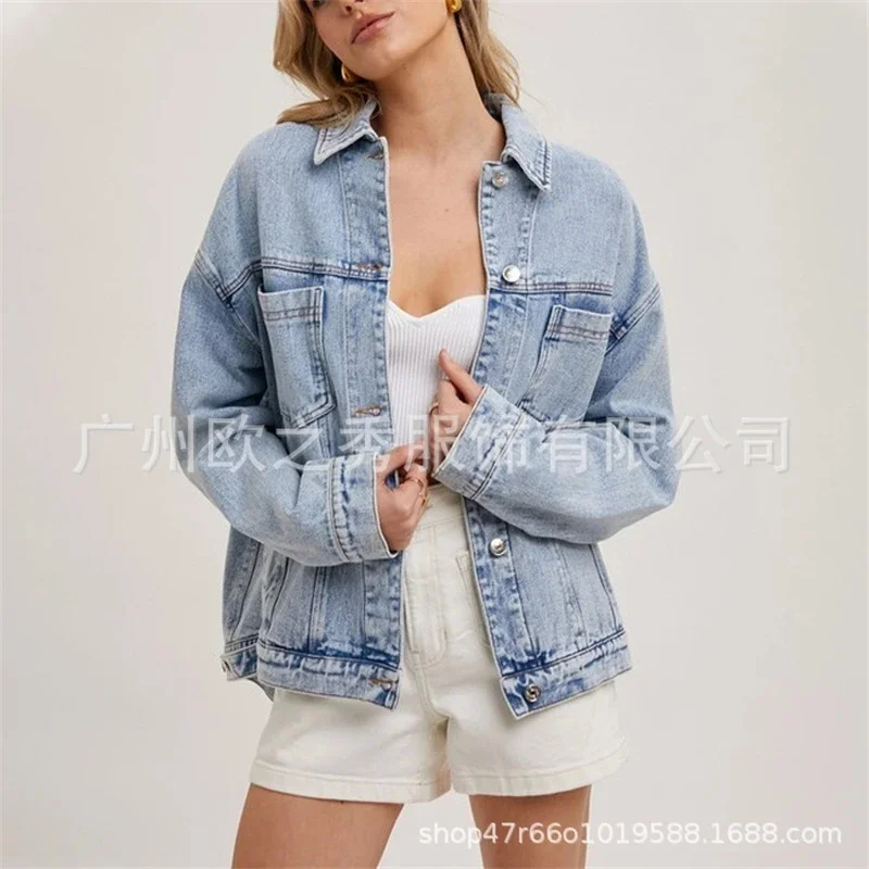 

Женская джинсовая куртка большого размера, джинсовое пальто с длинными рукавами и лацканами, свободная повседневная уличная одежда, студенческая дорожная весенне-осенняя подарок