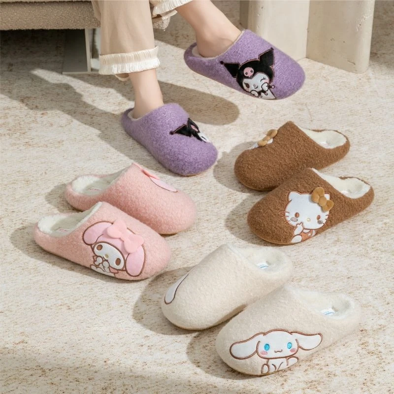 

Kawaii HelloKitty Kuromi Winter Women's Slippers Boots Fuzzy Fur Anti-slip Soft Sole Outdoor Indoor Warm Comfort Men Couple
