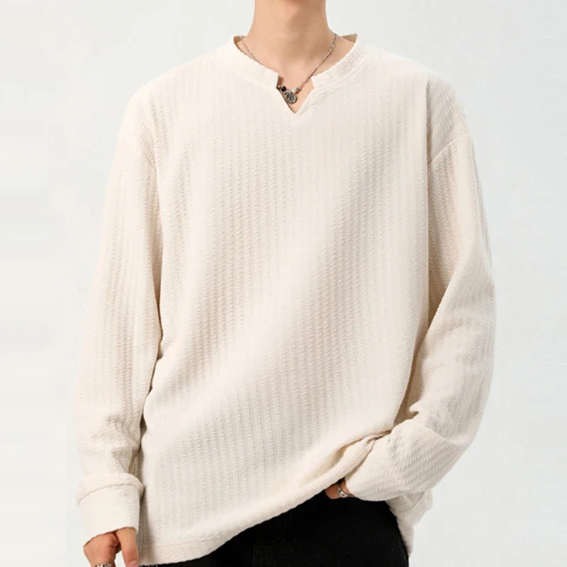 Autumn Male V Notch Neck Long Sleeve Top Vertical Striped Woven Fabric Relaxed Cut Urban Travel Daily Commute Garment - view 3