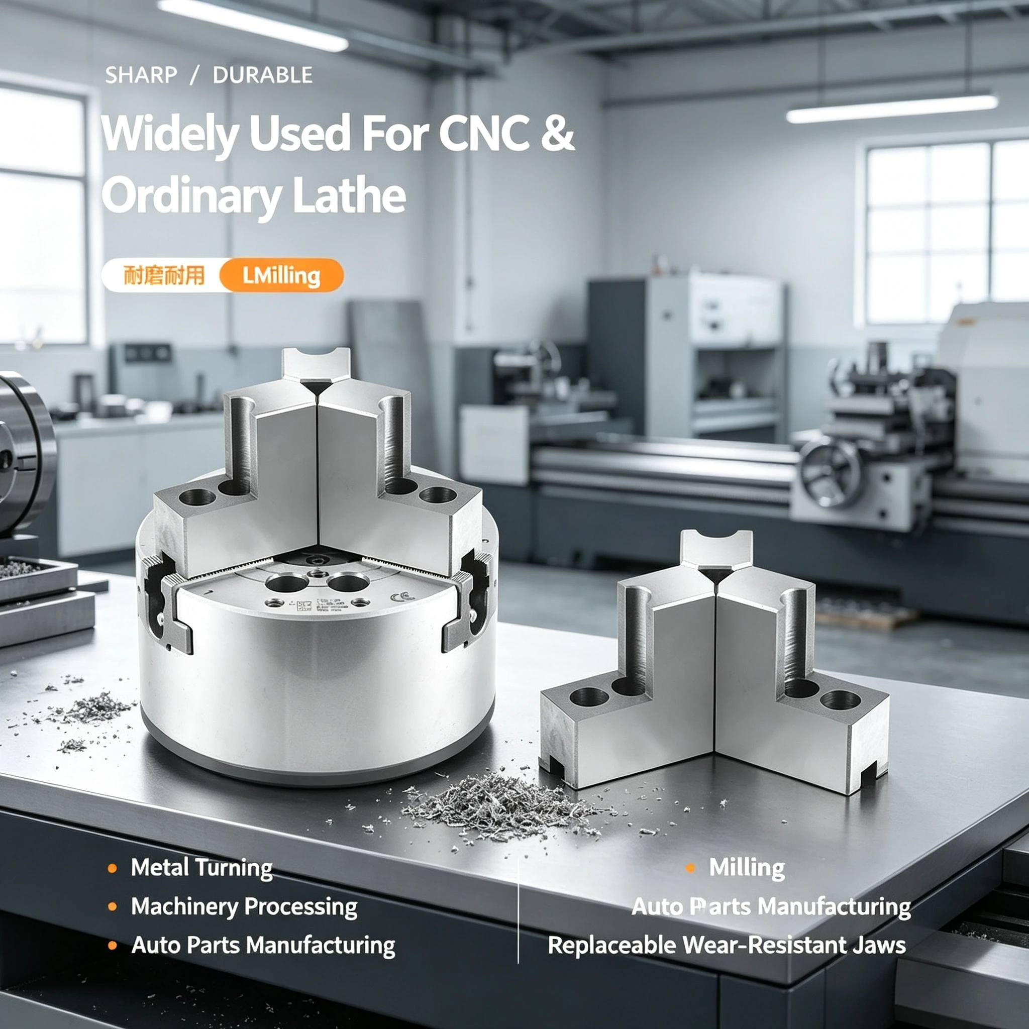 Pince hydraulique à 3 mâchoires avec mâchoires allongées en forme de L, 5-10 pouces, double usage (support interne et serrage externe) pour tour CNC