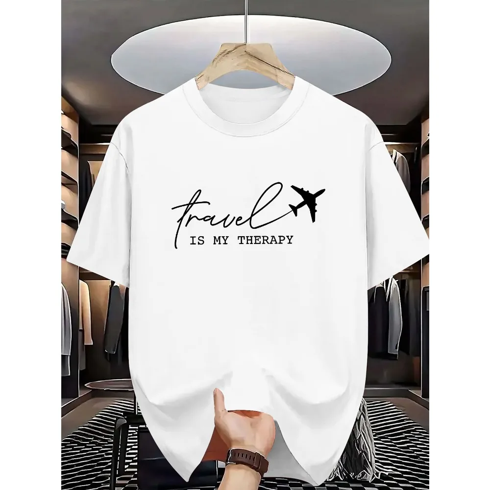 Travel Is My Therapy Airplane Graphic Mens T Shirt Wanderlust Traveler Short Sleeve Crew Neck Cotton Tee Casual Wear Top