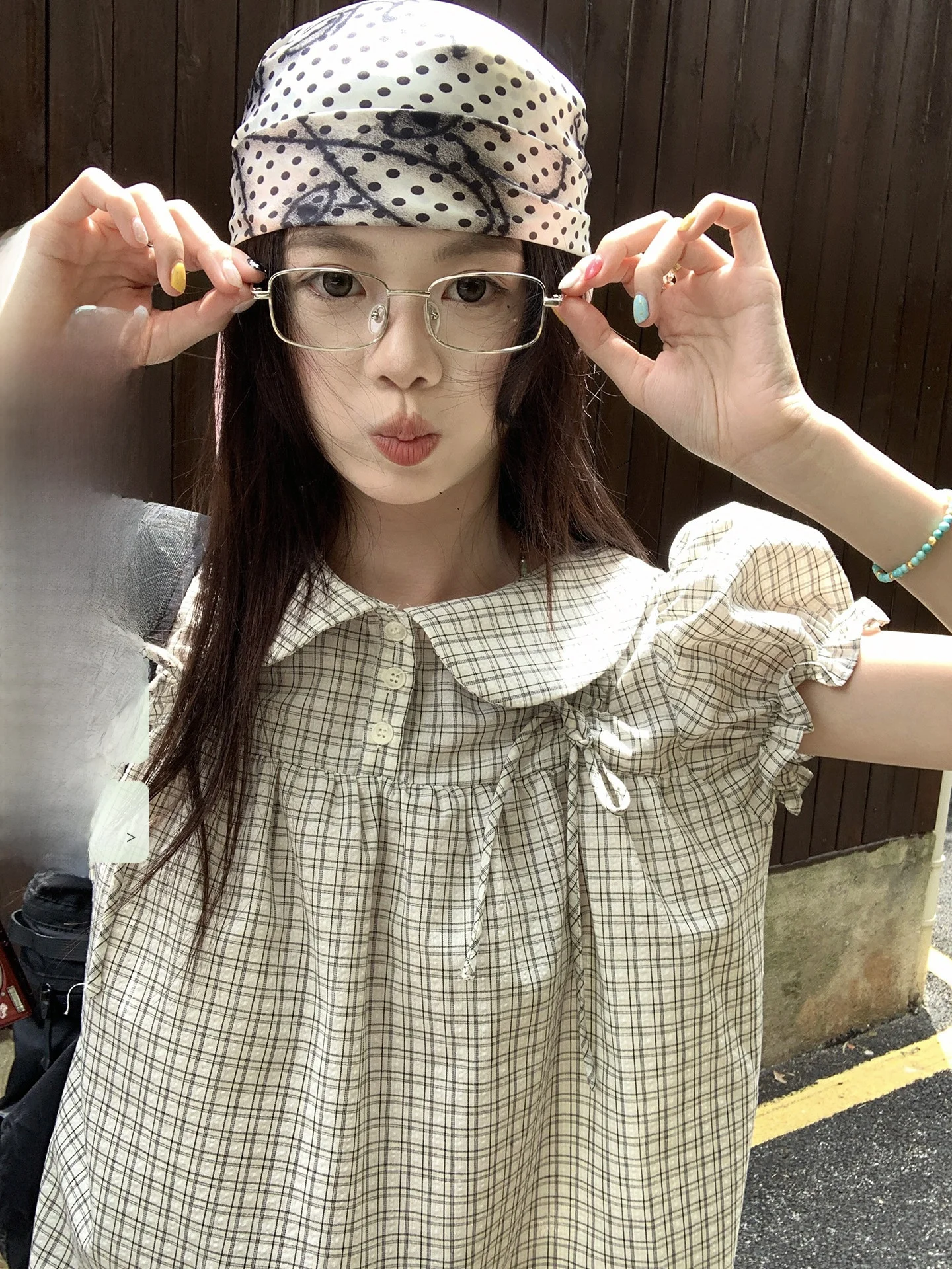 

Hollyii Korean Style Plaid Bubble Sleeve Doll Collar Knot Shirt Women's Spring New Arrival Breathable Straight Cut