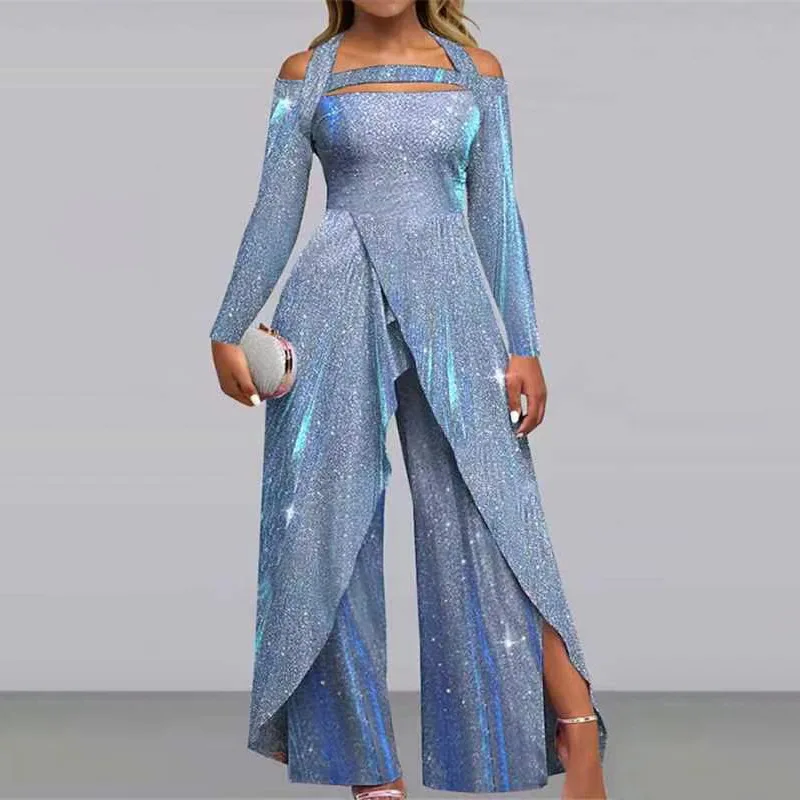 New Fashionable Sexy Sequined Long Dress Diagonal Mid-waist Temperament Commuter Jumpsuit